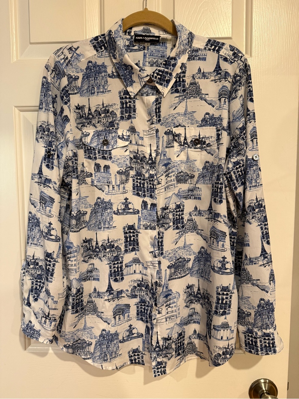 Karl Lagerfeld White and Navy Architectural Print Button-Down Shirt